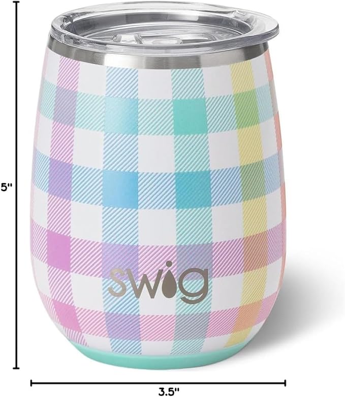 Swig Life 14oz Insulated Wine Tumbler with Lid | Discontinued Prints | Dishwasher Safe, Holds 2 Glasses, Stainless Steel Outdoor Wine Glass (Pretty in Plaid)