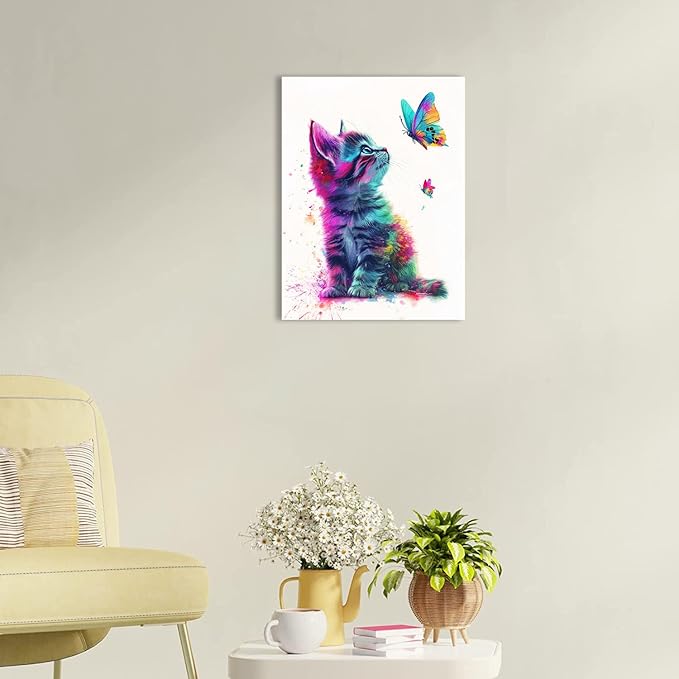 Ypxzzj Framed Butterfly Cat Canvas Wall Art & Decor for Cat Lover Gifts,Cat Wall Decor for Women Girls Bedroom Toddler Baby Room decoration,Cute Cat Poster for Nursery Home Decor