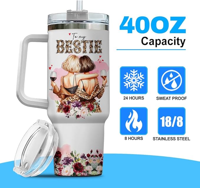 Tumbler 40 Oz With Handle Lid And Straw, My Bestie Watercolor Floral, Boss Tumblers Funny Cups Women Leopard Friends Stainless For Print Steel Coffee Flower
