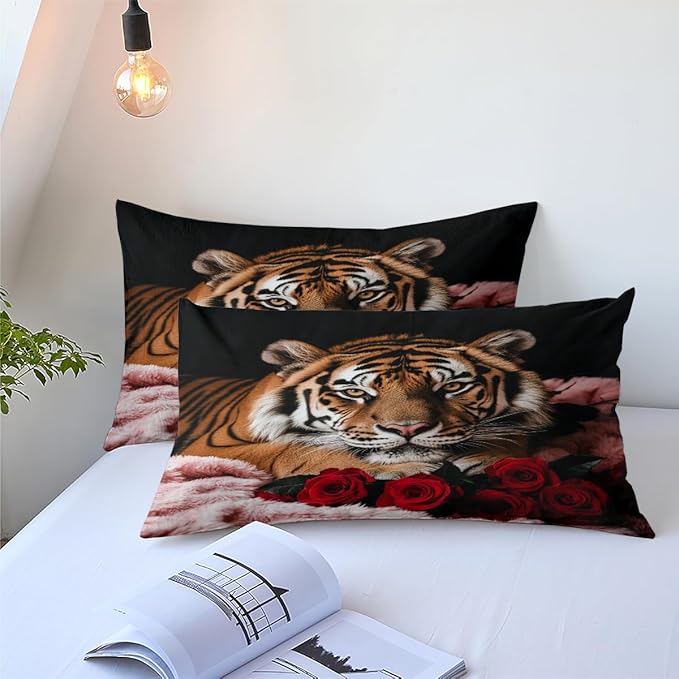 Tiger Comforter Set Queen Size Wildlife Bedding Sets for Kids Teen Safari Animal Bedding Room Decor,Red Rose Quilt Set 3Pcs Soft Breathable Duvet Insert with 2 Pillowcases