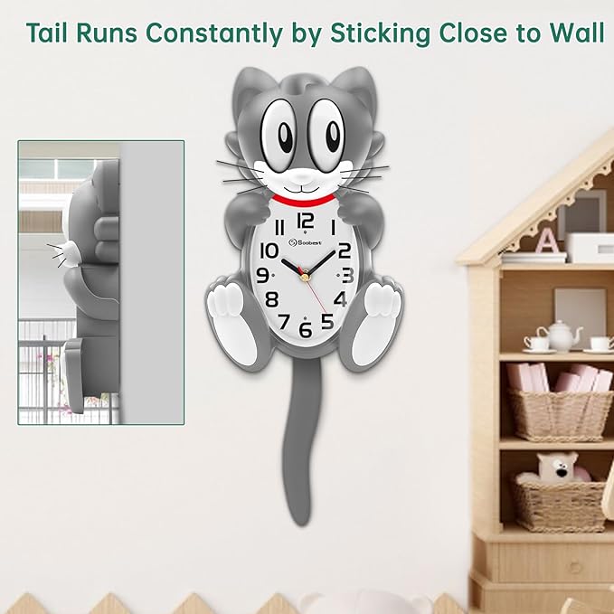 Soobest 18 Inch Large 3D Cat Wall Clock Battery Operated with Moving Eyes and Pendulum Tail, Retro Kids Analog Wall Clock for Gift Decor Gray