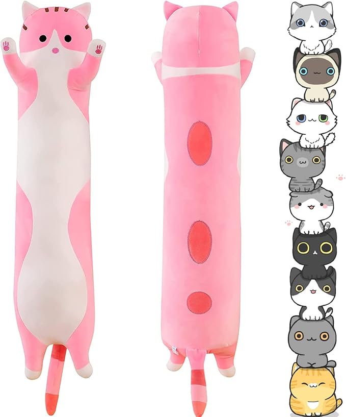 Soft Cat Plush Long Stuffed Animal Sleeping Pillow - Cotton Kitten, Cute Long Body Pillow, Gift for Kids, Girlfriend (19.7inch/50cm, Pink)