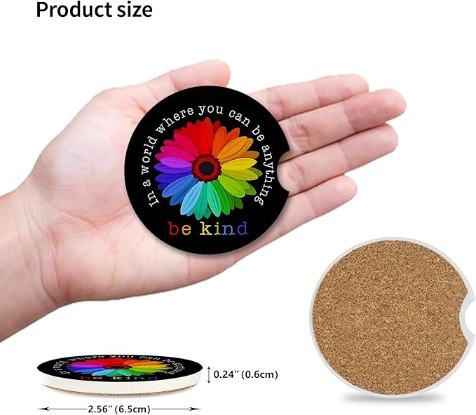 Absorbent Car Coasters 2 Pack for Cup Holders, 2.56" Ceramic Stone & Non-Scratch Cork Base Drink Coasters, Auto Accessories for Women & Men(Colorful Sunflower)