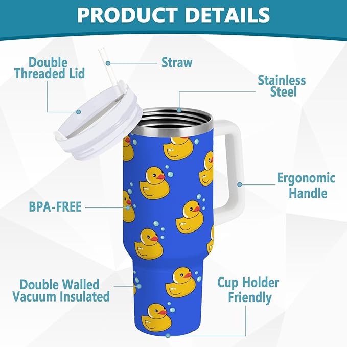 Boccsty Rubber Yellow Duck Blue Insulated Tumblers Reusable Stainless Steel Tumbler 40 oz Cup Coffee Travel Mug Water Bottle with Handle & Flip Straw for Home Office Car