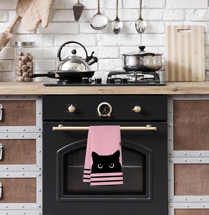 Black Cat Waffle Kitchen Towels, Gifts for Cat Lovers Moms Dish Tea Towels for Kitchen, Decorative Hand Towels for Bathroom Guest Room Decor, 16x24 Inch (Pink)