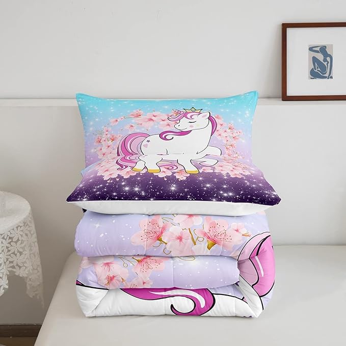 Unicorn Comforter Set King, Kids Unicorn Floral Bedding for Girls Boys Children Bedroom Decor, Cherry Blossoms Glitter Down Comforter Galaxy Kawaii Quilt Set with 1 Pillowcase, Blue Purple Ombre