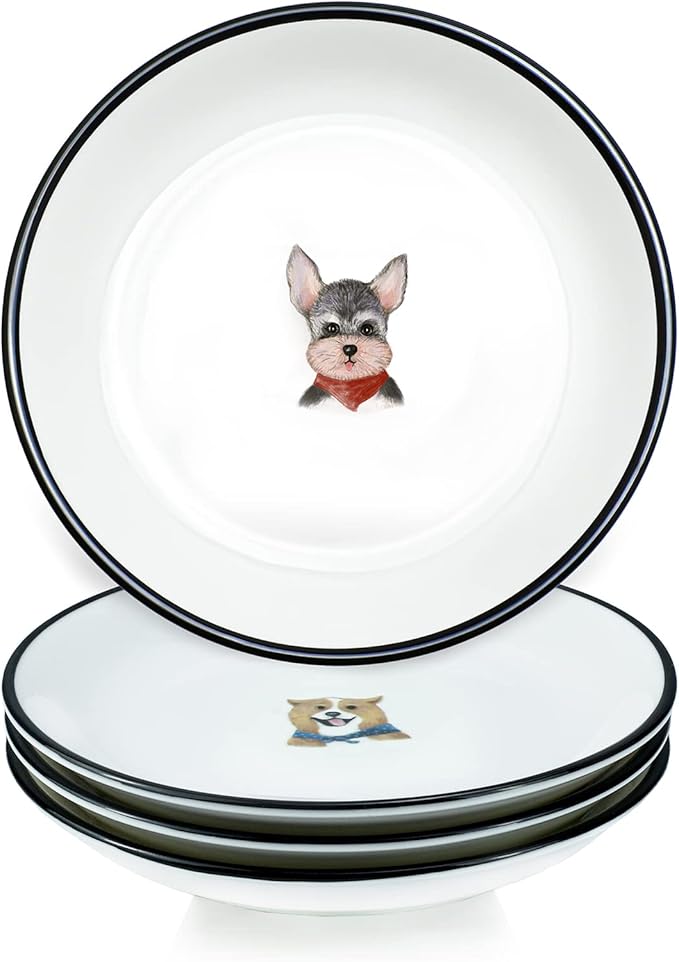 WAIT FLY 5 Inches Funny Retro Dog Pattern with Brush Strokes Ceramics Seasoning Dishes/Tea Bag Holders/Ketchup Saucer/Appetizer Plates/Seasoning Dipping Bowls, Set of 4