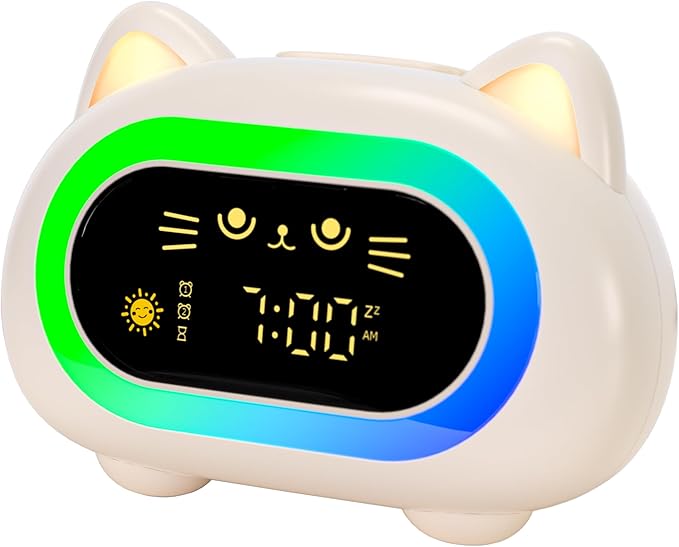 winshine Kids Alarm Clock, Ok to Wake Clock for Kids, Toddler Sleep Training Clock with Eye Protection, 10 Night Lights, Dual Alarms, Child Lock, Snooze, Timer - Cute Cat Clock for Girls and Boys