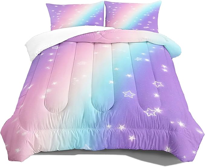 Starry Rainbow Comforter Set Queen Size for Teen Girl Women,Star Printed Comforter Set,Ultra Soft Microfiber 3 Piece Bedding Set 1 Comforter and 2 Pillowcases,All Season