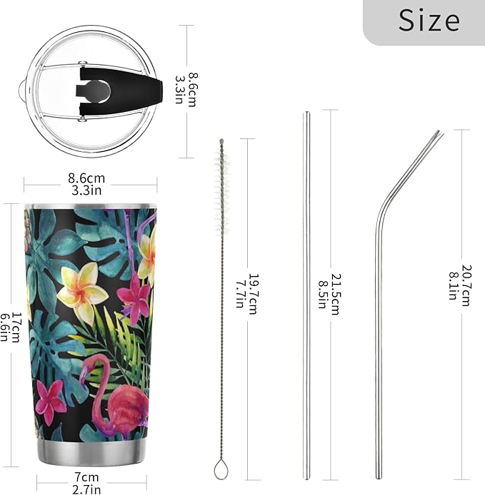 Tumbler Plumeria Pineapple Flamingo Palm Insulated Coffee Cup Beverage Container Travel Mug with Straw and Lid Double Wall Stainless Steel 20oz BPA-Free for Sport, Back to School