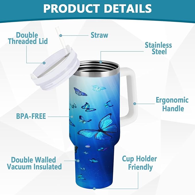 Boccsty Butterflies Blue Animal Insulated Tumblers Reusable Stainless Steel Tumbler 30 oz Cup Coffee Travel Mug Water Bottle with Handle & Flip Straw for Home Office Car