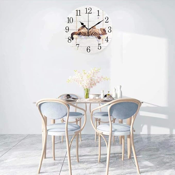 Wamika Round Wall Clock Cat on Swing White Vintage Wooden Clock Silent Non Ticking Wall Decorative,Kitty Cute Cats Flowers Butterfly Clocks 10 Inch Battery Operated Quartz Quiet Desk Clock for Home