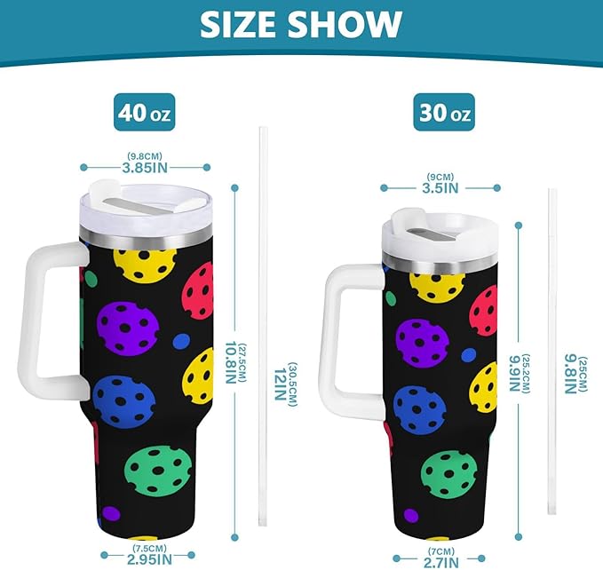 Boccsty Rainbow Pickleball Balls Insulated Tumblers Reusable Stainless Steel Tumbler 30 oz Cup Coffee Travel Mug Water Bottle with Handle & Flip Straw for Home Office Car