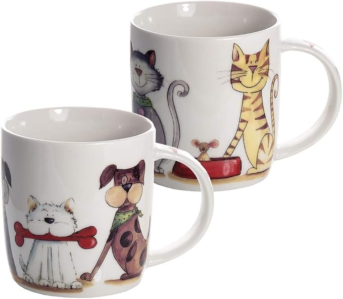 SPOTTED DOG GIFT COMPANY Dog and Cat Coffee Mug Set, 12 oz Cute Mugs Ceramic Porcelain China Coffee Tea Cups, Animal Themed Gifts for Cat Lovers and Dog Lovers Women Men, Set of 2