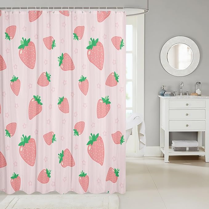 Strawberry Print Bathroom Curtain Kids Girls Kawaii Pink Strawberry Shower Curtain Cute Fruit Bath Curtains for Bathtubs Girl Stalls Decor Lightweight Waterproof Kids Bathroom Accessories 72"x72"