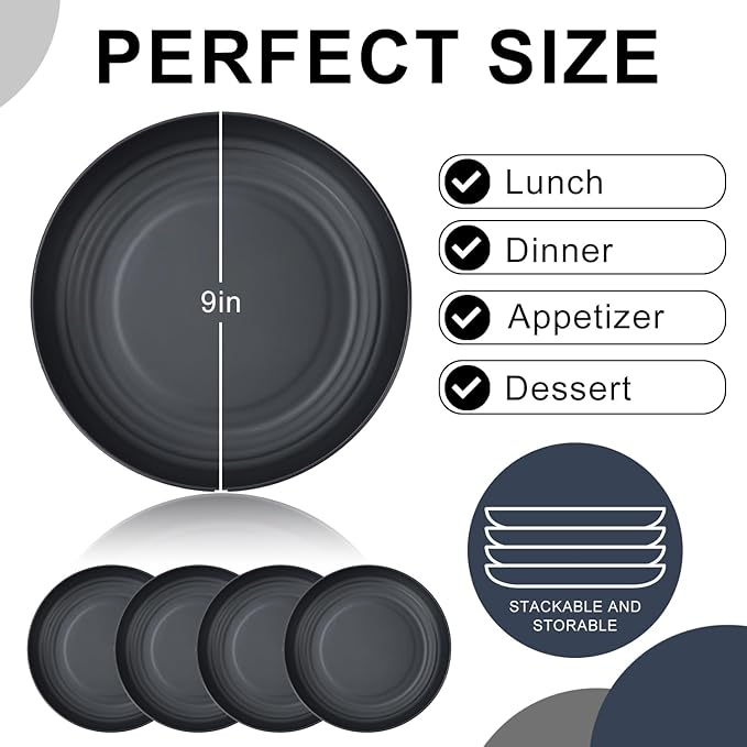 Wheat Straw Dinner Plates - Set of 8, Unbreakable & Microwave/Dishwasher Safe, Black