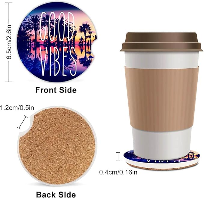 Summer Trees Absorbent Car Coasters,Good Vibes Ceramic Cup Holders Coasters with a Finger Notch for Women Men 2.56"(2 Pieces)