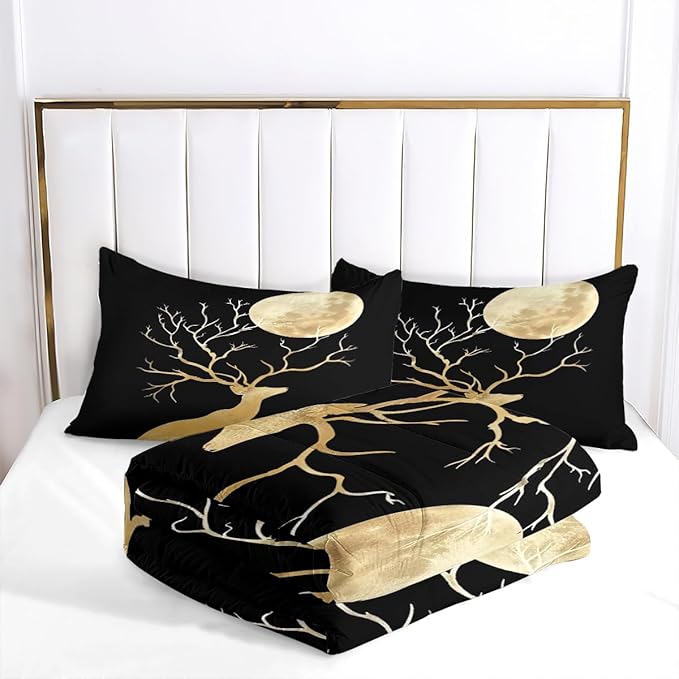 Black Gold Deer Comforter Set Full Size Unique Design Deer and Moon Bedding Set Chic Animal Bedding Modern Bedroom Decor Down Comforters Soft Microfiber Comforter Sets for Boys Girls