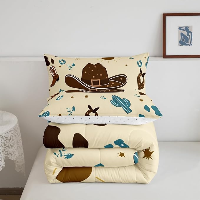 Western Cowboy Comforter Set King Size,Fashion Cowboy Hat Bedding Sets 3Pcs for Kids Girls Boys Teens Room Decor,Desert Cactus Quilt Set Blue Brown Cowhide Print Duvet Insert,2 Pillowcases