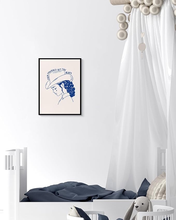 Vintage Cowgirl Portrait Artwork Even Cowgirls Get the Blues, Framed Canvas Wall Art 12"x16" Minimalist Western-Style Decor, Emotional Stylish Tearful Cowgirl Print Home Modern Spaces
