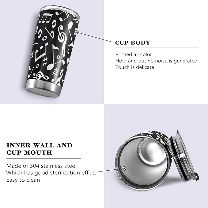 Tumbler Black White Music Note Insulated Coffee Cup Beverage Container Travel Mug with Straw and Lid Double Wall Stainless Steel 20oz Holiday Gift