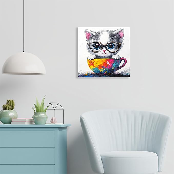 Ypxzzj Cute Kitten in a Teacup Canvas Wall Art, Animal Cat Picture Prints Wall Art, Cute Animal Cat with Glasses Wall Art Poster for Livingroom Bedroom Nursery Room Home Decor Framed Ready to Hang