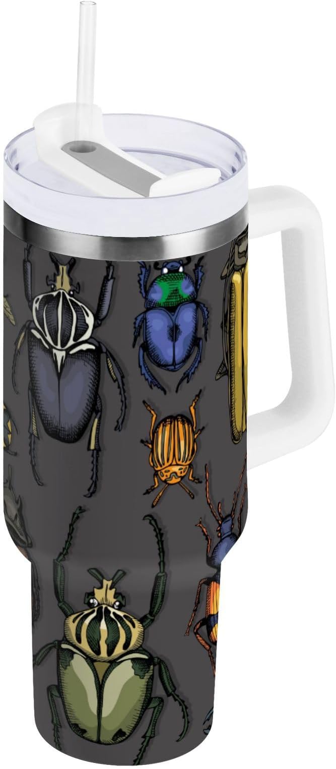 Boccsty Bright Insects Dark Insulated Tumblers Beetle Reusable Stainless Steel Tumbler 40 oz Cup Coffee Travel Mug Water Bottle with Handle & Flip Straw for Home Office Car