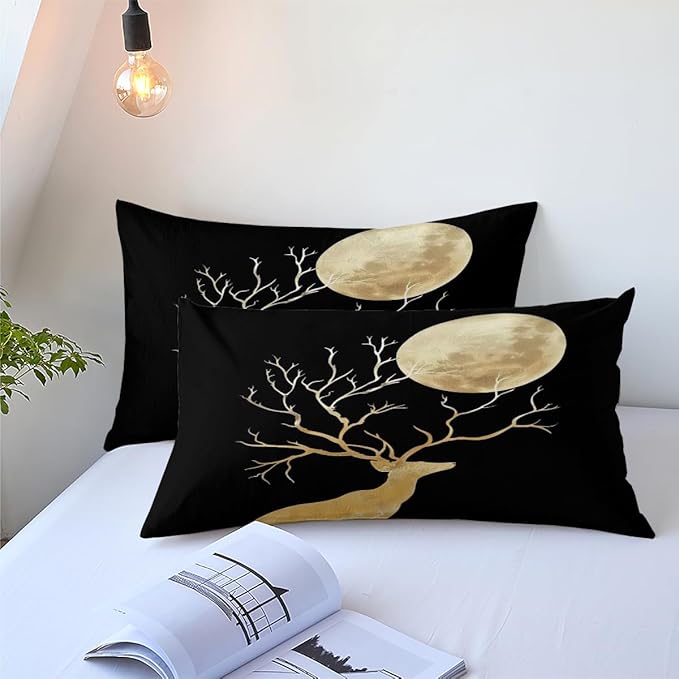 Black Gold Deer Comforter Set Full Size Unique Design Deer and Moon Bedding Set Chic Animal Bedding Modern Bedroom Decor Down Comforters Soft Microfiber Comforter Sets for Boys Girls