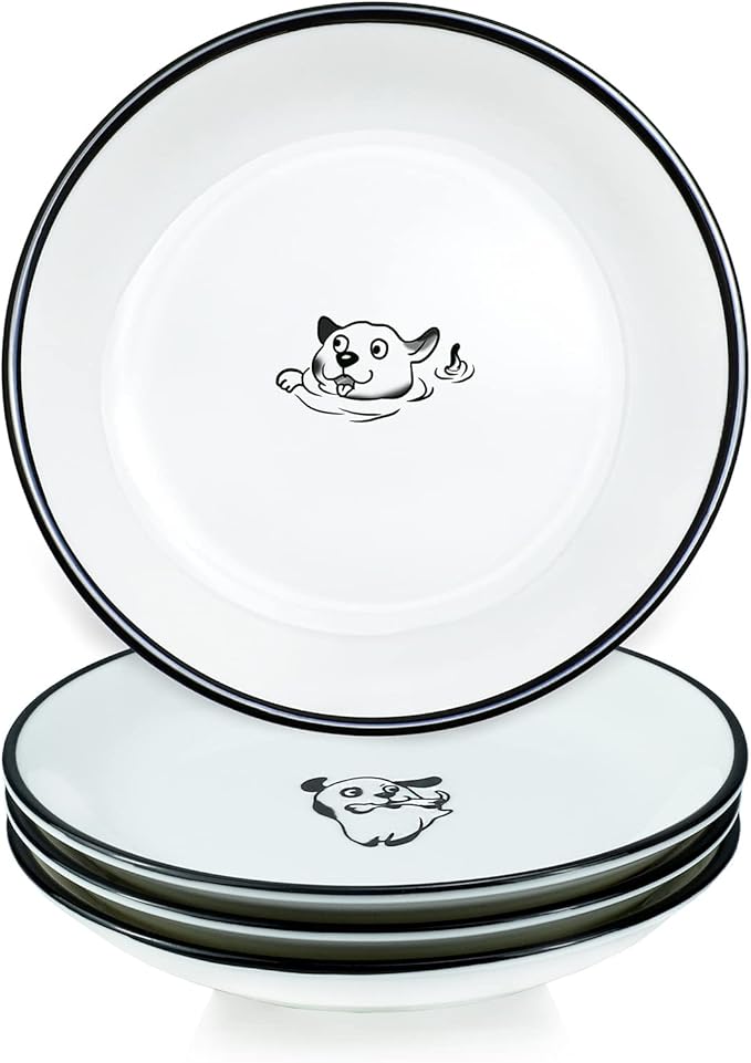 WAIT FLY 5 Inches Funny Happy Dog Pattern with Brush Strokes Ceramics Seasoning Dishes/Tea Bag Holders/Ketchup Saucer/Appetizer Plates/Seasoning Dipping Bowls, Set of 4
