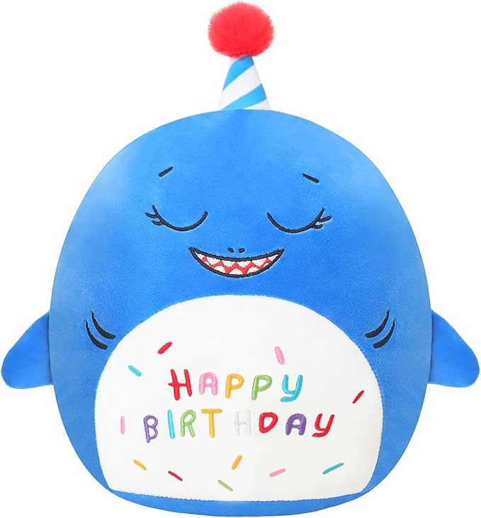 SQEQE Shark Stuffed Animal Toy Happy Birthday Shark Plush Cute Blue Birthday Plushies Doll Home Decor for Kids Girls Boys 10 Inch