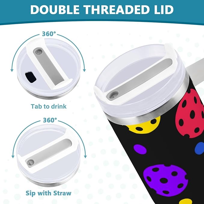 Boccsty Rainbow Pickleball Balls Insulated Tumblers Reusable Stainless Steel Tumbler 30 oz Cup Coffee Travel Mug Water Bottle with Handle & Flip Straw for Home Office Car