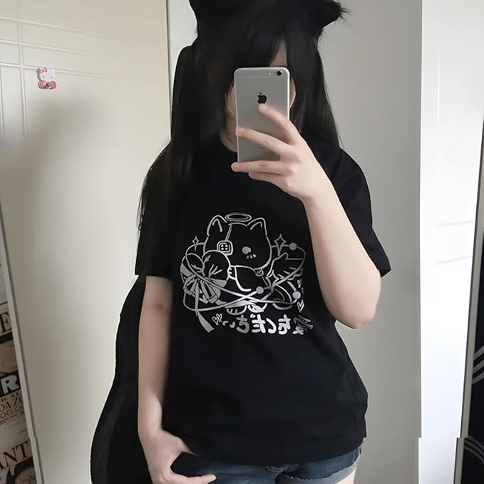 Y2K Gothic Grunge Kawaii Fashion Casual Style Crew Neck Short Sleeve Goth Cartoon Cat Graphic Print T-Shirt