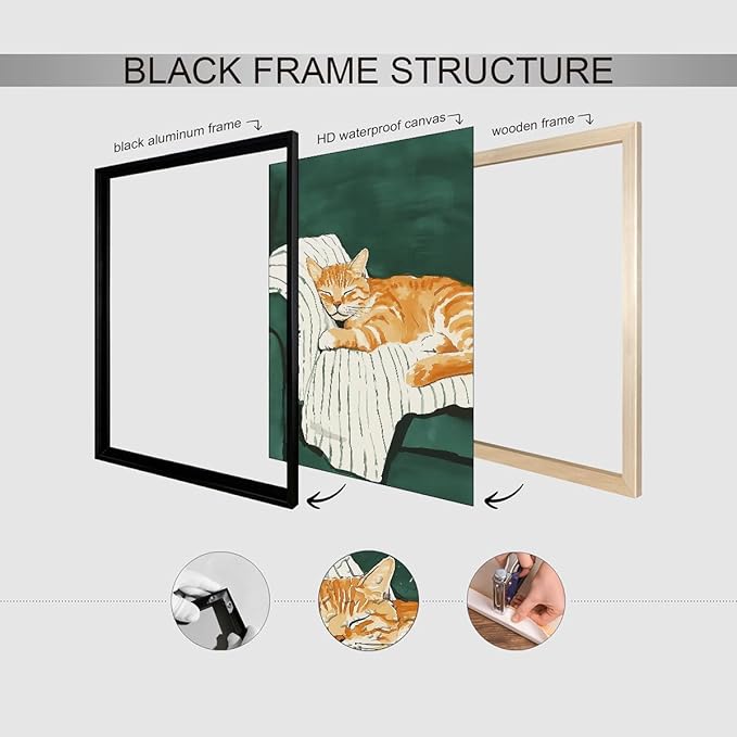 Sleeping Orange Cat poster Green Aesthetic Wall Art Preppy Funky Cute Animal Canvas Painting Gift For Cat Lover 24x36 inch Black Framed for Cozy Room Wall Decor