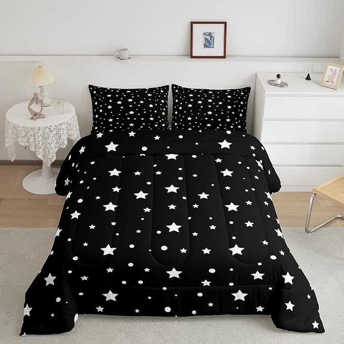 Starry Sky Comforter Set Twin Size Galaxy Star Bedding Set for Kids Boys Girls, Outer Space Down Comforter, Black and White Geometric Polka Dots Quilt Set Warm Soft Bedroom Decor 1 Pillow Case