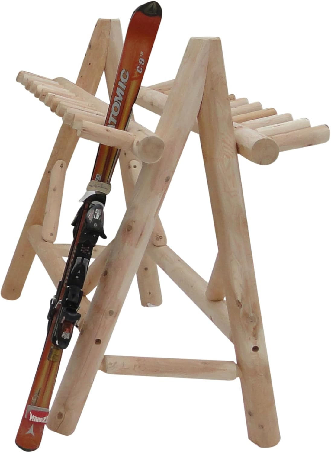 13-Place Freestanding Log Ski Rack Holder, Indoor & Outdoor Snowboard Racks, Standing Storage, Garage Racks for Snow Skis & Poles, Durable Snowboard Rack Garage Storage Organizer - Unfinished