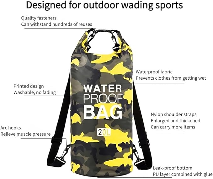 Waterproof Dry Bag Combo 5-30L Roll Top Dry Storage Bag Backpack for Kayaking Boating Beach Camping Travel Fishing, w/Phone Case & Collapsible Water Bottle & Sunglasses & Ear Band,Yellow 5L