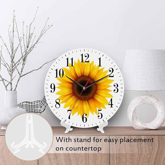 Sunflower Flower Wall Clock Beautiful Yellow Floral Blooming Nature Bright 10 Inch Silent Non Ticking Battery Operated Clock Vintage Round Clock for Living Room Bedroom Bathroom Office Decor