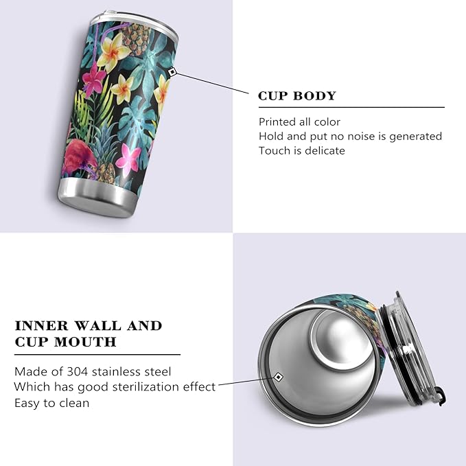 Tumbler Plumeria Pineapple Flamingo Palm Insulated Coffee Cup Beverage Container Travel Mug with Straw and Lid Double Wall Stainless Steel 20oz BPA-Free for Sport, Back to School