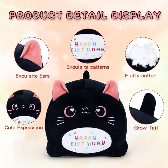 Birthday Cat Plush Pillow Stuffed Animal Toy, Black Birthday Cat Plush Stuffed Animals, Soft Cat Plush Pillow for Kids(Black Cat, 40cm/15.7inch)