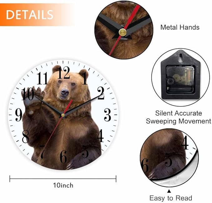 Bear Wall Clock The Brown Bear Welcomes and Waves a Paw 10 Inch Silent Non Ticking Battery Operated Clock Vintage Round Clock for Living Room Bedroom Bathroom Office Decor