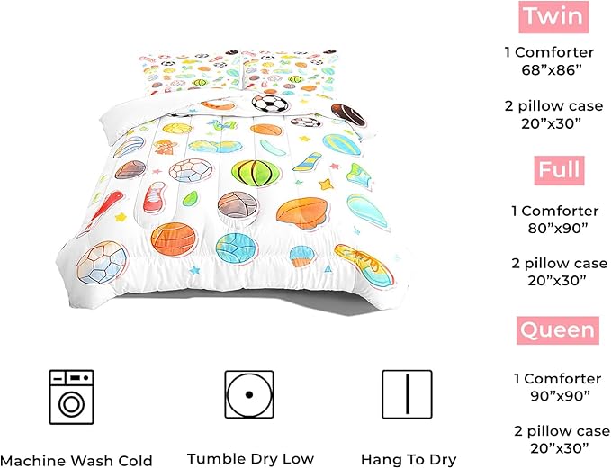 Sports Comforter Set Full Size Kids Cartoon Basketball Bedding Set Cartoon Games Football Comforter for Boys Teens Girls Colorful Tie Dye Bedroom Decor Toddler Cute Ball Gaming Quilt Set