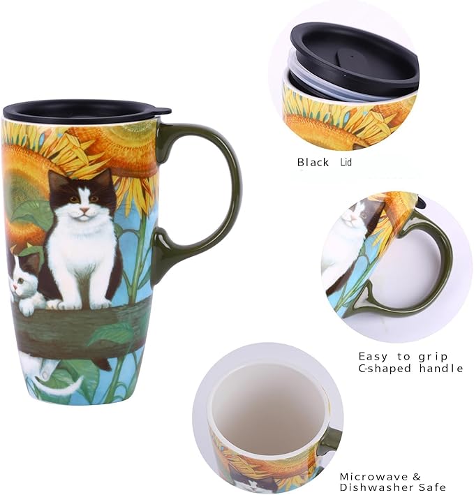 Topadorn Coffee Ceramic Mug Porcelain Latte Tea Cup With Lid 17oz. Cat