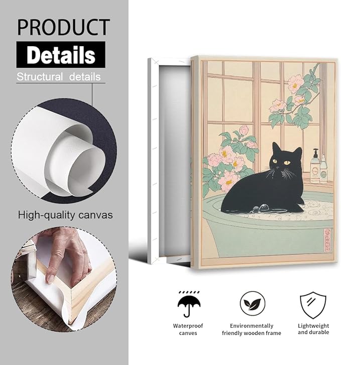 Black Cat Canvas Wall Art, Funny Japanese Cat Bathroom Poster, Cat In A Bubble Bathtub Painting, Neutral Japan Cat Aesthetic Print, Cat Pink Flowers Green Botanical Picture 16x24in Wrapped Canvas