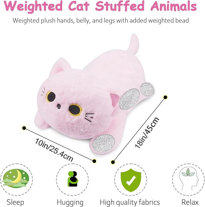 Weighted Cat Plush,Weighted Pink Cat Stuffed Animal for Kids,Kawaii Large Cat Hugging Weighted Plush Pillow Toys Gifts for Kids,18 Inch,2 Lbs