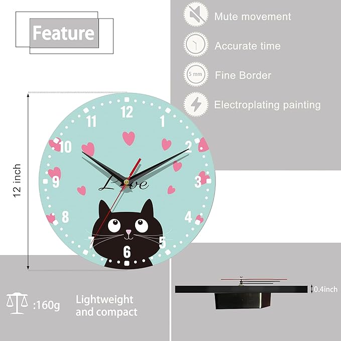 SPUNKER Clocks for Living Room,Cute Black Cat 10 Inch Wall Clock,Red Love Heart Small Battery Operated Wall Clocks Decorative for Kitchen/Living Room/Bedroom/Bathroom/Dining Room