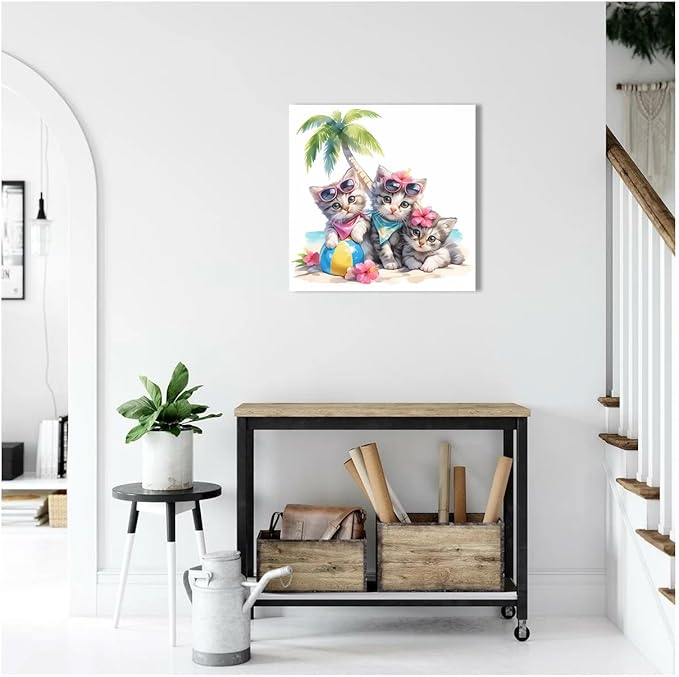 Ypxzzj Cute Kittens in Summer Vacation Canvas Wall Art, Three Kittens Under a Coconut Tree Printing Picture Cute Animal Cats with Glasses for Living Room Bathroom Framed Ready to Hang (14''x14'')