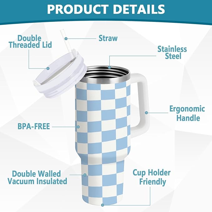 Boccsty Checkered Colorful Blue Insulated Tumblers Reusable Stainless Steel Tumbler 40 oz Cup Coffee Travel Mug Water Bottle with Handle & Flip Straw for Home Office Car