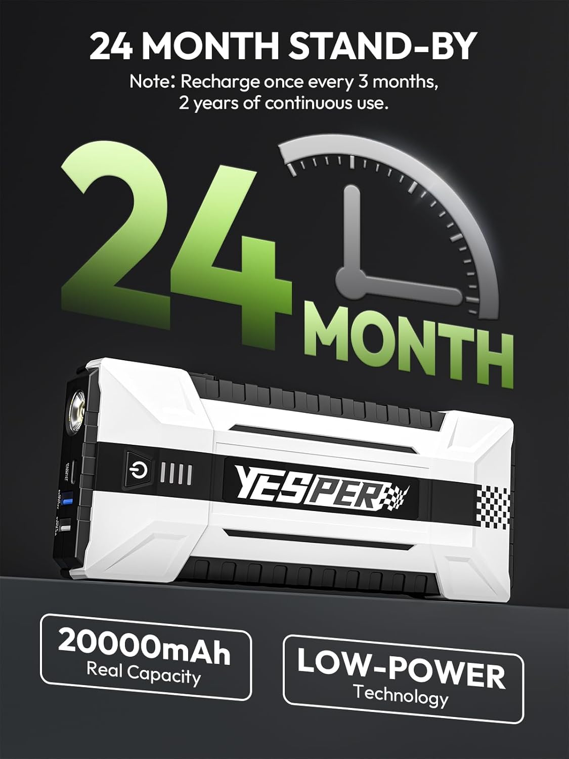 YESPER Battery Jump Starter Portable, 3000A Booster Pack Jump Box for 12V Car (Up to 10L Gas/8L Diesel Engine), Jumper Cables with DSLI Safe Tech, PD 15W Fast Charge & DC 15V Port