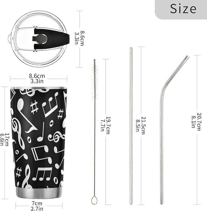 Tumbler Black White Music Note Insulated Coffee Cup Beverage Container Travel Mug with Straw and Lid Double Wall Stainless Steel 20oz Holiday Gift