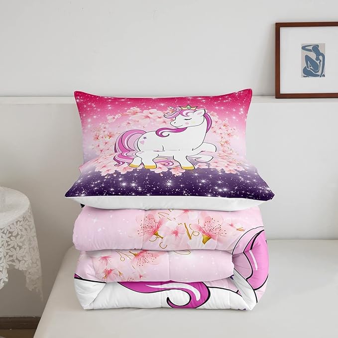 Unicorn Comforter Set King Glitter Bedding Set Cherry Blossoms Duvet Insert Kids Cartoon Kawaii Animal Down Comforter Ombre Galaxy Stars Fantasy Girls Room Decor Quilt Set Aesthetic Pink Purple